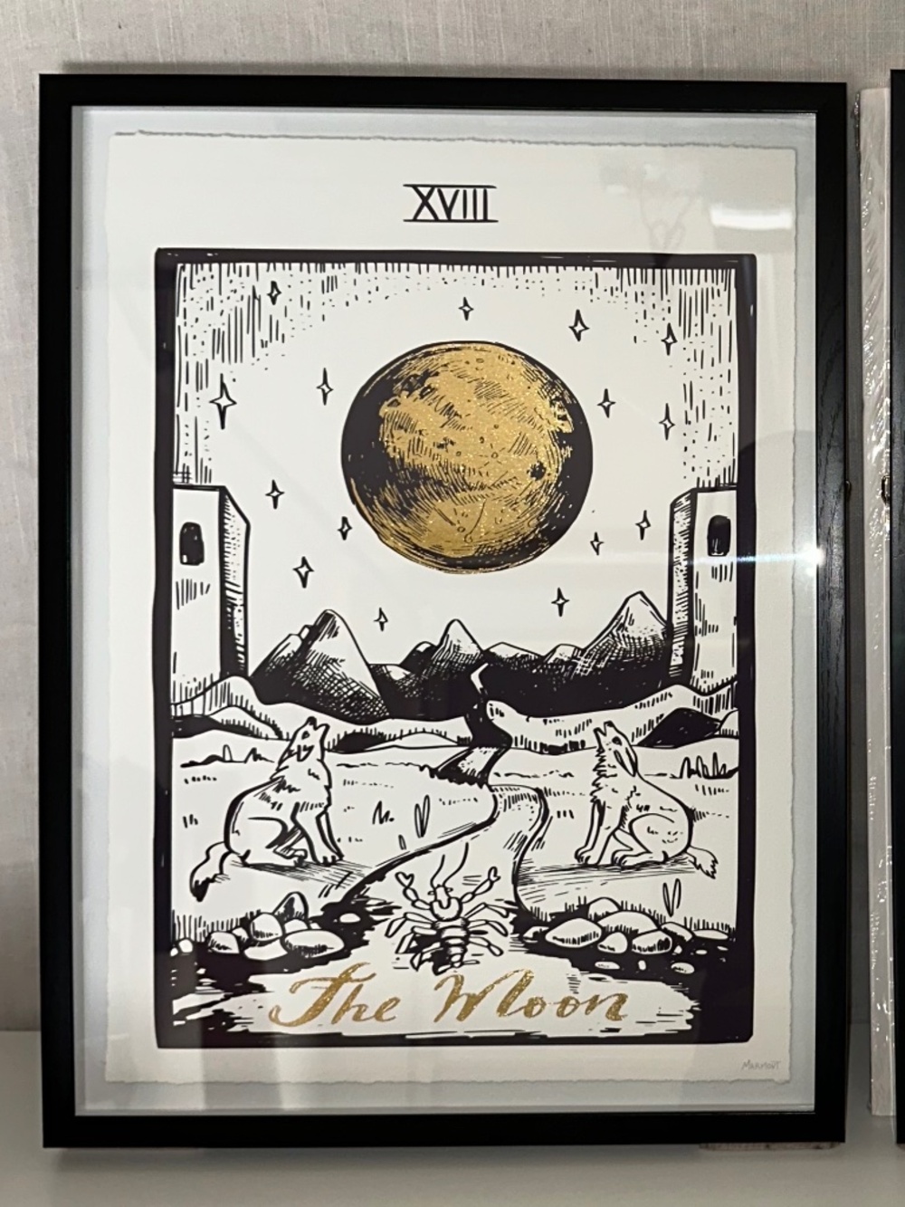 Framed “The Moon” Tarot Card Black and White Art Print with Gold Foil Accents